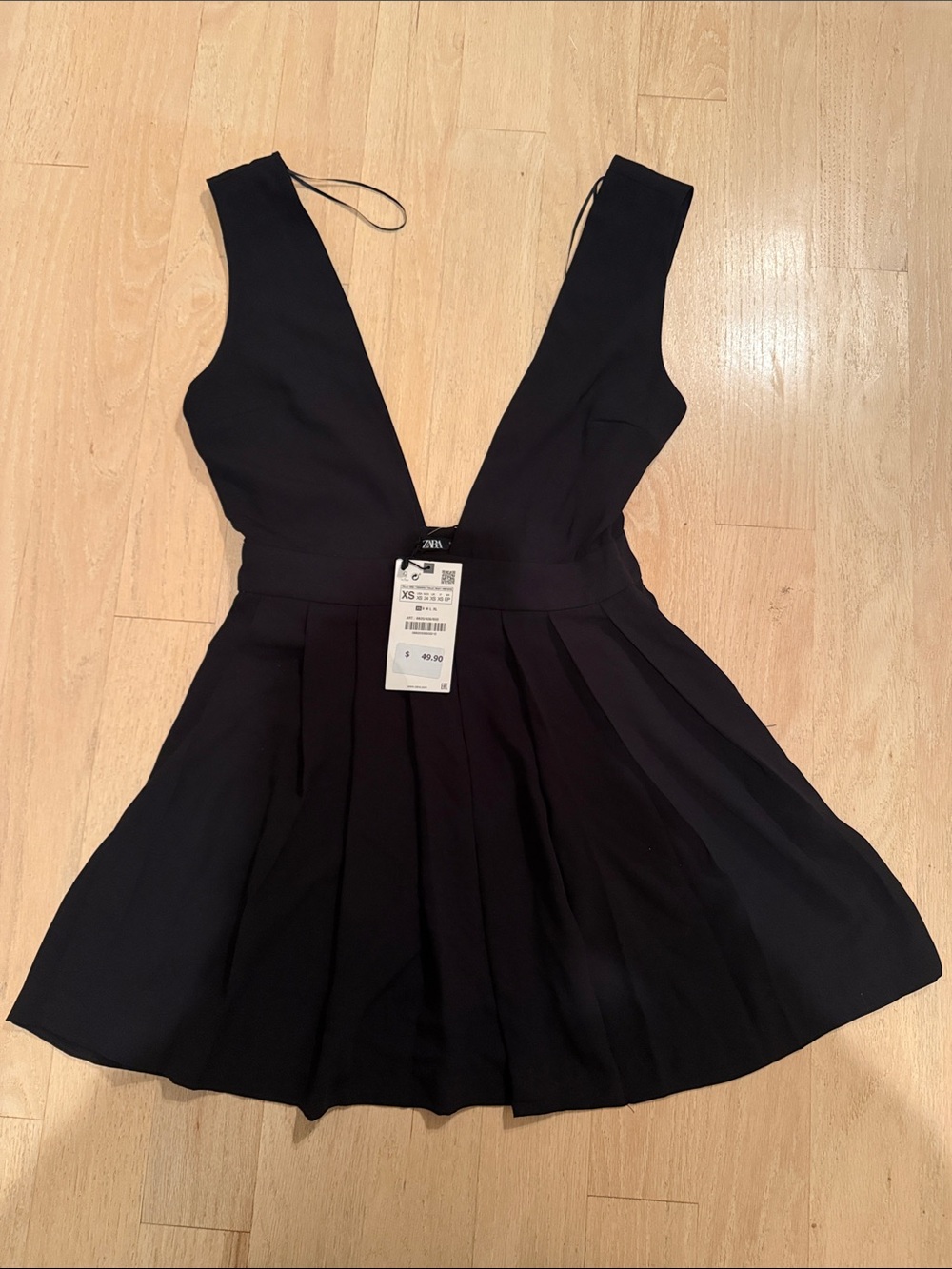 Zara Black Plunging V Pleated Skater Dress